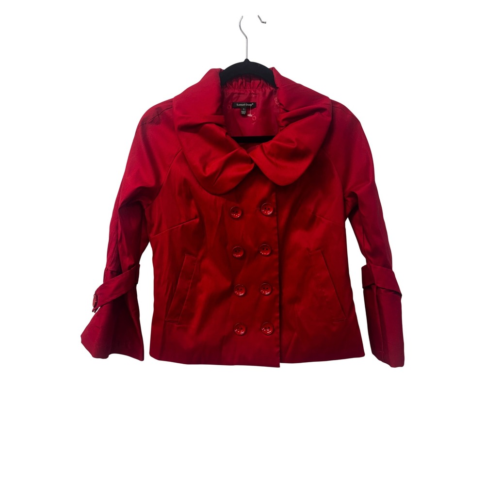 Samuel Dong Cherry Red Iridescent Ruched Collar Evening Jacket Double Breasted